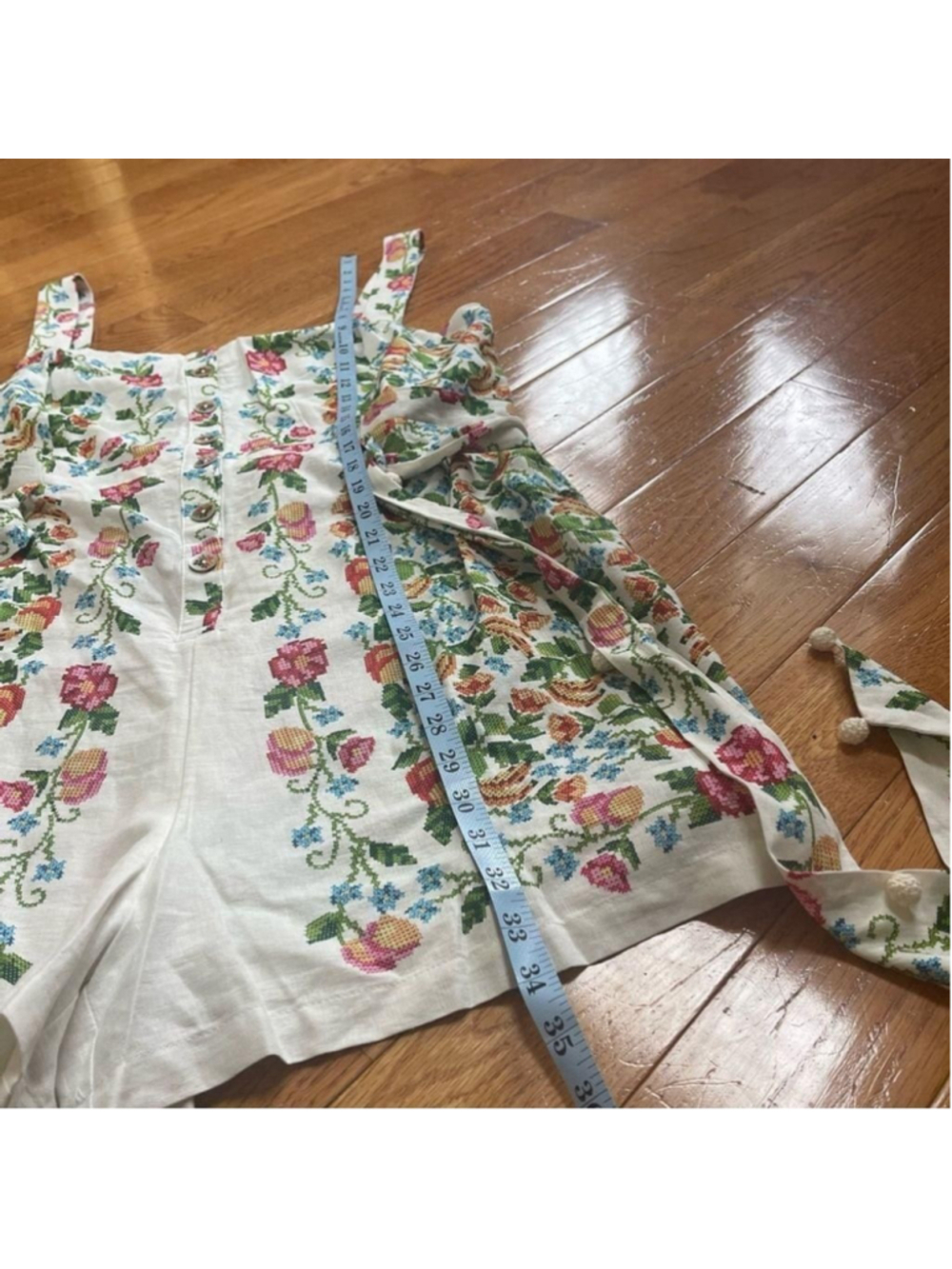 Farm Rio Crosstitch Floral Belted Romper linen blend off-white Cottagecore Sz XL - Picture 12 of 15